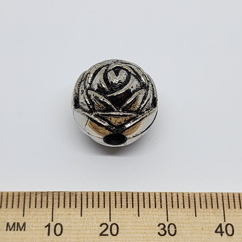 15mm Round Rose (10) - Antique Silver - Vintage Metalised Beads