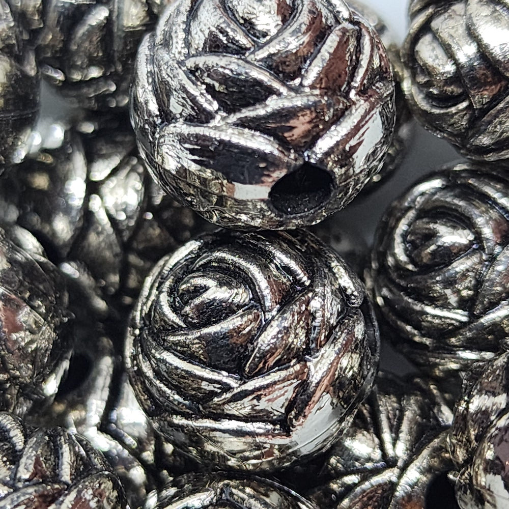 15mm Round Rose (10) - Antique Silver - Vintage Metalised Beads