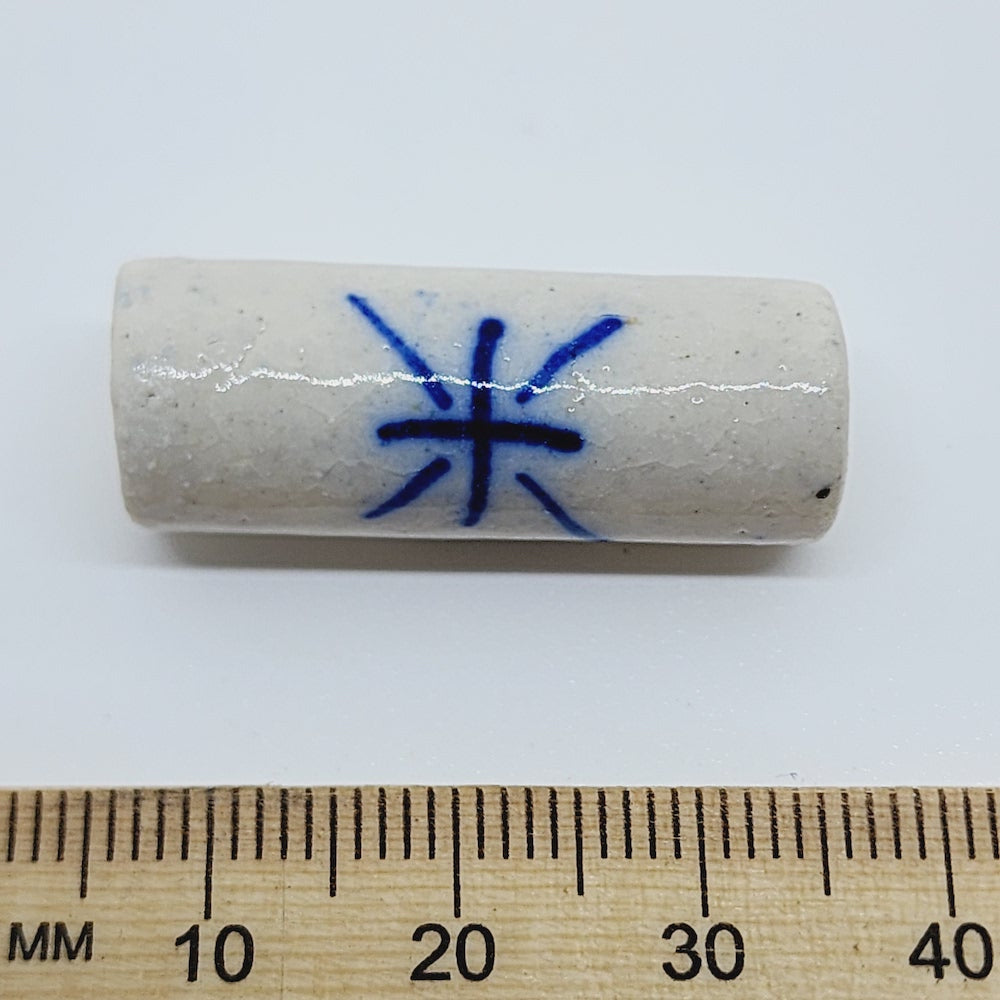 28mm Cylinder (5) - Off White/Blue - Ceramic Vintage Replica Trade Beads