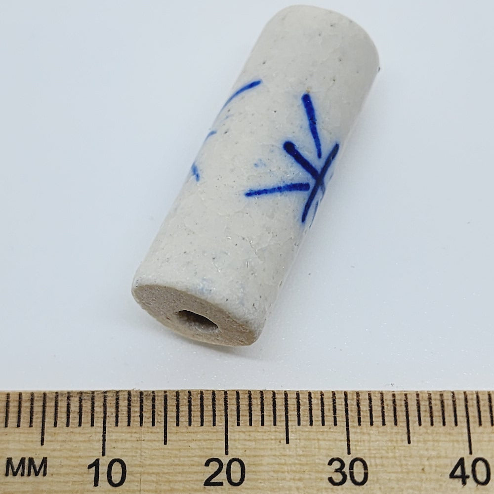 28mm Cylinder (5) - Off White/Blue - Ceramic Vintage Replica Trade Beads