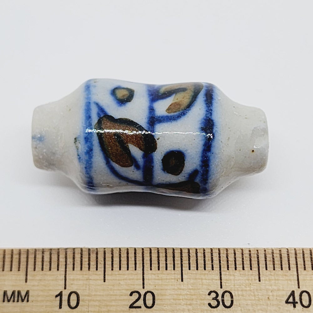 30mm Barrel (5) - Off White w. Blue - Ceramic Vintage Replica Trade Beads
