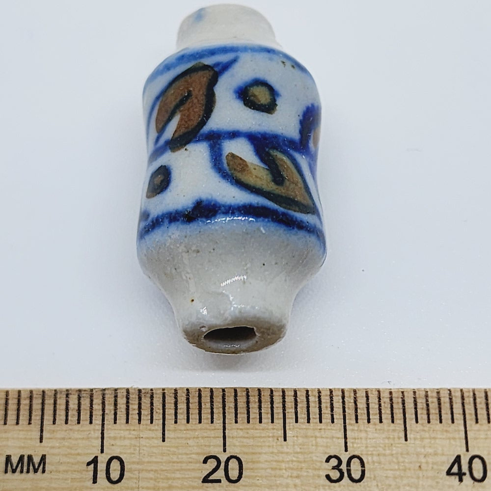 30mm Barrel (5) - Off White w. Blue - Ceramic Vintage Replica Trade Beads