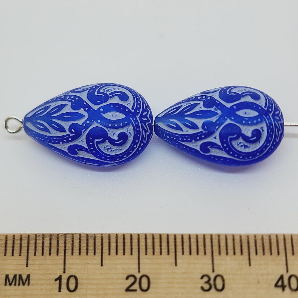 19x13mm Teardrop (10) - Blue w. White - Vintage Baroque Lucite Beads