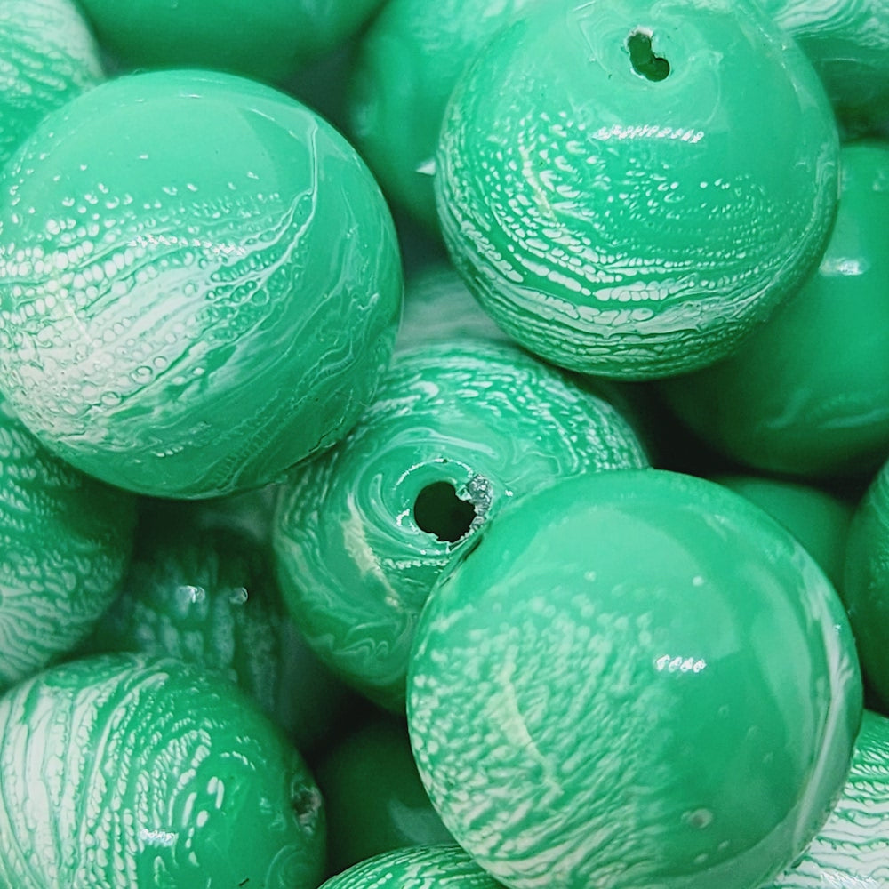 14mm Round (25) - Green - Vintage Pastel Marbled Effect Beads