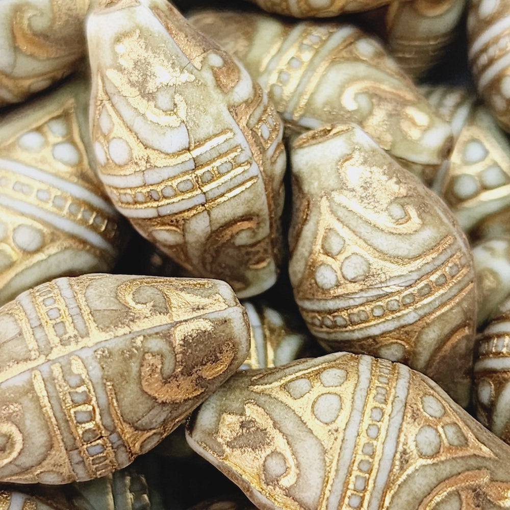 20x11mm Bicone (10) - Matte Light Green/Gold - Vintage Art Deco Style Lucite Beads