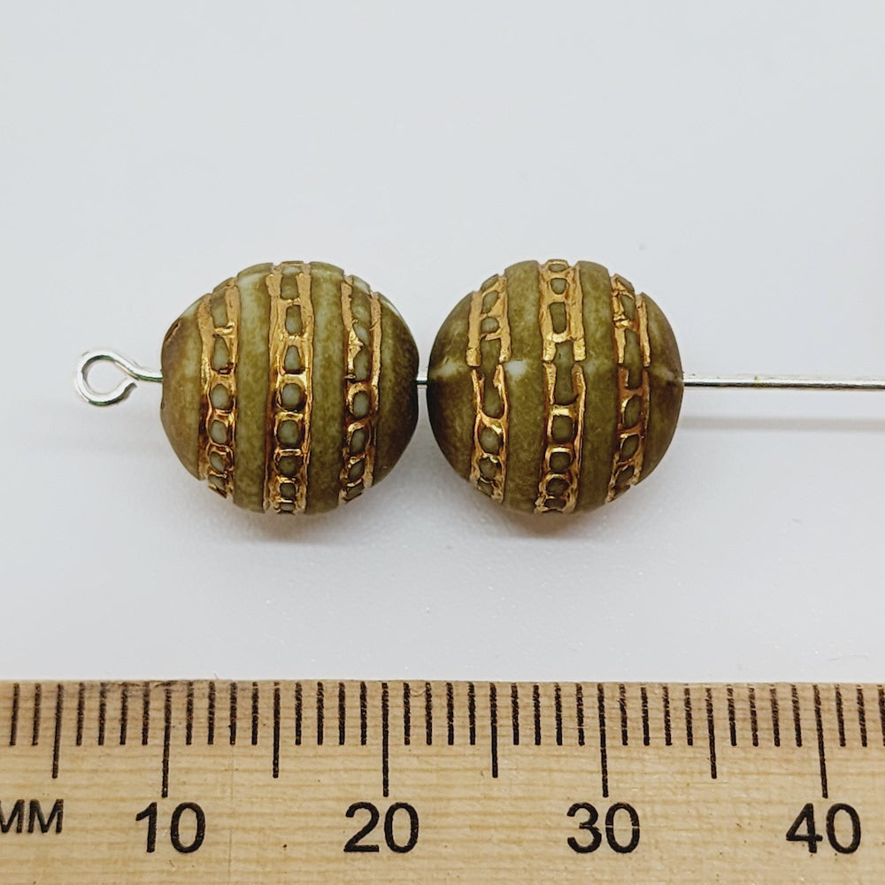 12mm Round (10) - Matte Olive/Gold - Vintage Art Deco Style Lucite Beads
