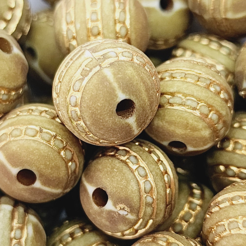 12mm Round (10) - Matte Olive/Gold - Vintage Art Deco Style Lucite Beads