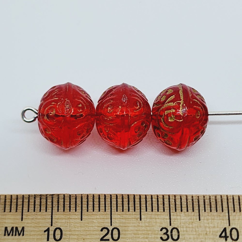 10x12mm Round Vintage Lucite Beads (25) - Red Transparent w. Gold