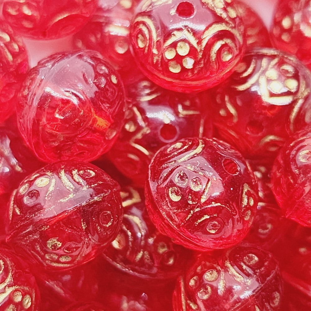10x12mm Round Vintage Lucite Beads (25) - Red Transparent w. Gold