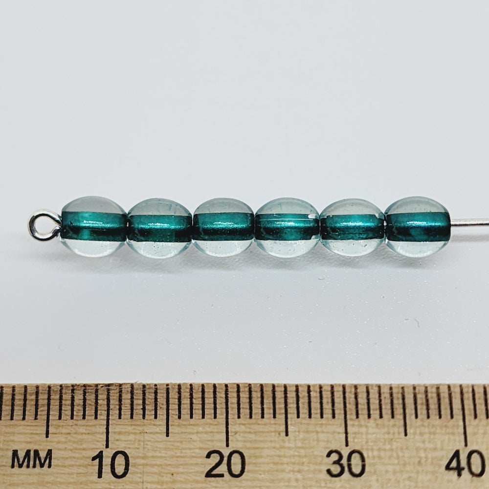 6x5mm Oval (50) - Clear Transparent w. Teal Green Core - Glass Beads
