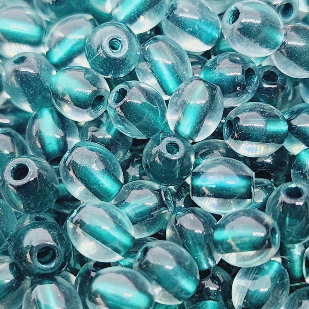 6x5mm Oval (50) - Clear Transparent w. Teal Green Core - Glass Beads