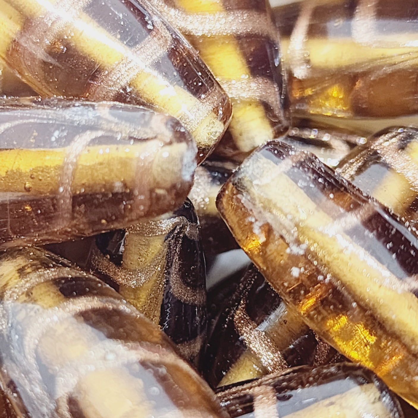 25x10mm Oval (5) - Light Brown Transparent w. Aventurine - Glass Vintage Replica Trade Beads