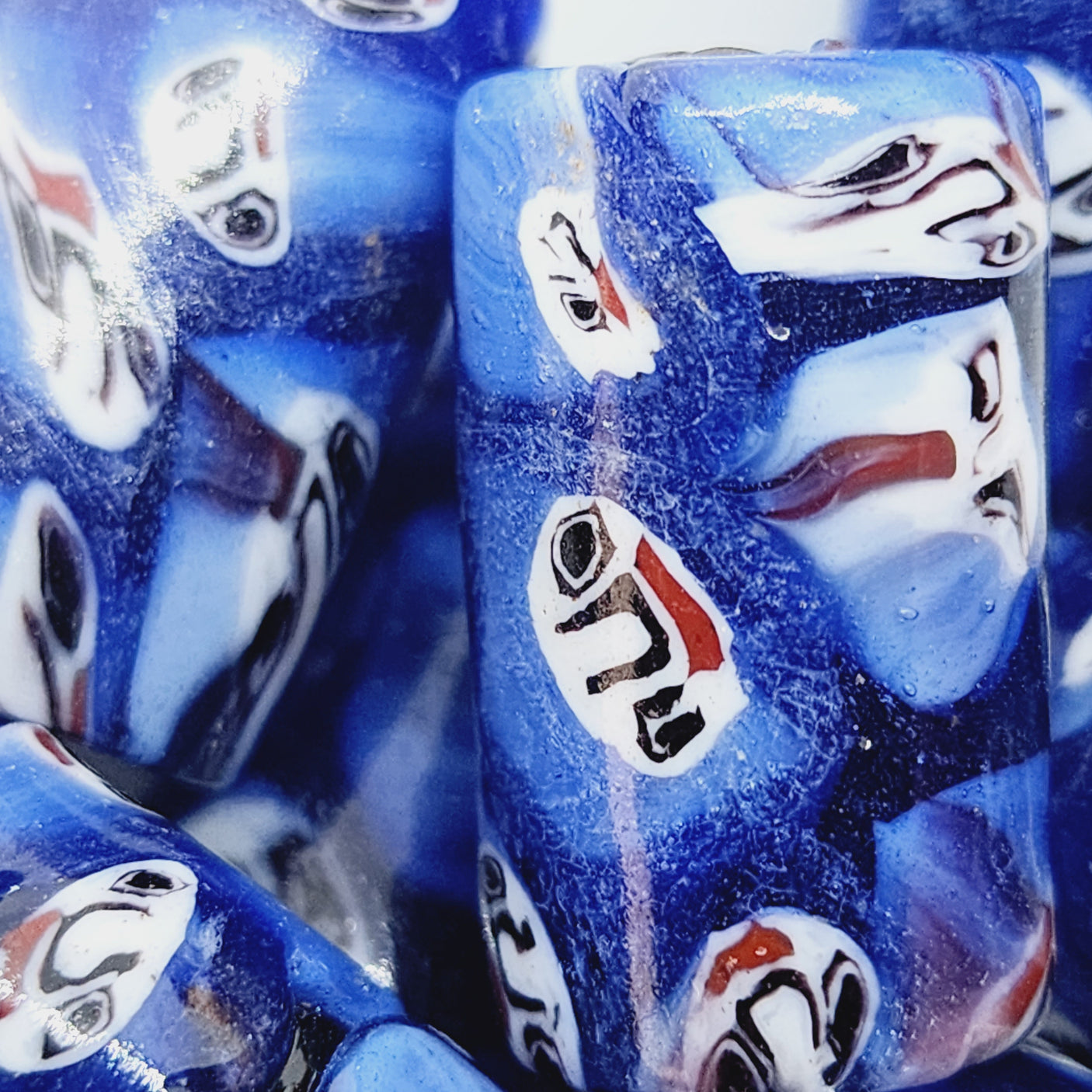 24mm Tube (5) - Blue w. Faces (Furnace-Wound)- Glass Vintage Trade Beads