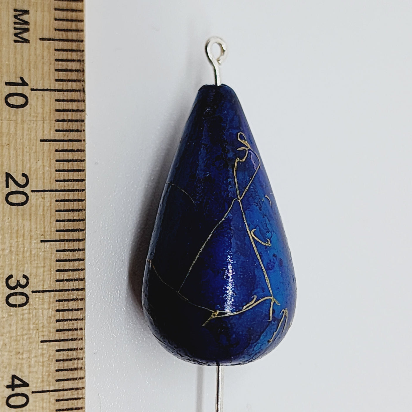 29x16mm Teardrop (2) - Blue Bubble Glaze Look w. Gold Drizzle - Vintage Lucite Beads
