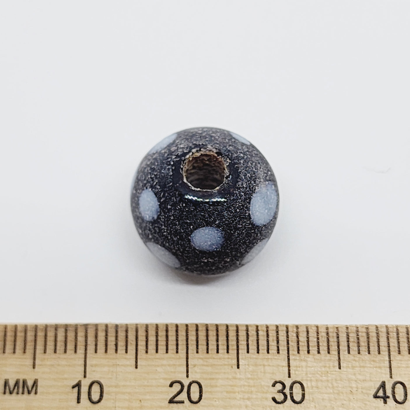 15mm Round (5) - Black w. White Dots Sand Blasted (Eye Skunk Bead)- Glass Vintage Replica Trade Beads