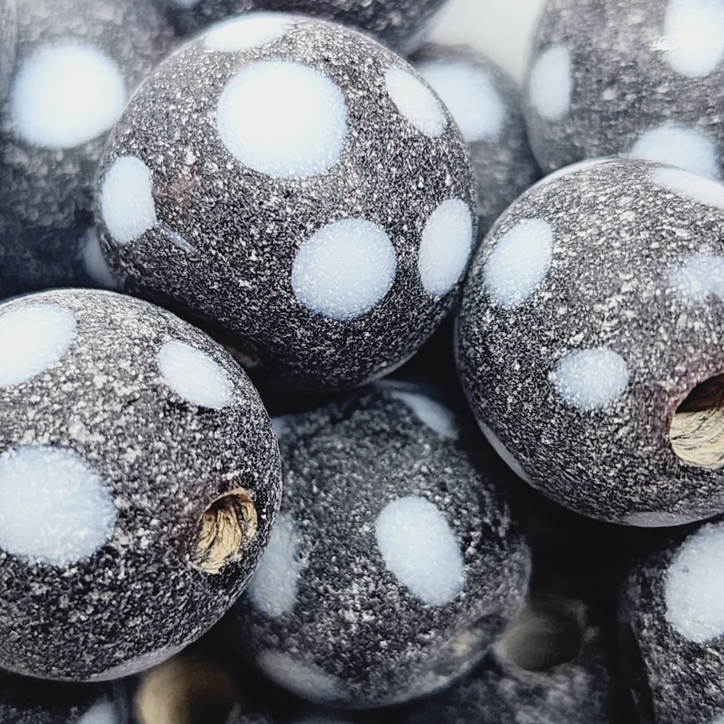 15mm Round (5) - Black w. White Dots Sand Blasted (Eye Skunk Bead)- Glass Vintage Replica Trade Beads