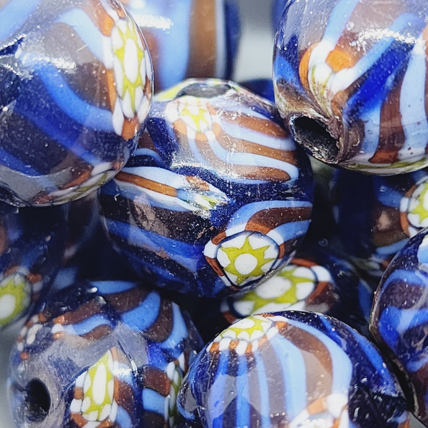 17mm Round (5) - Blue w. Colours - Glass Vintage Replica Trade Beads