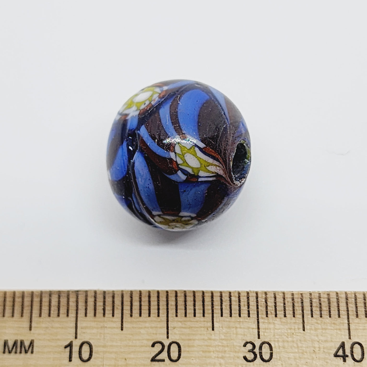 17mm Round (5) - Blue w. Colours - Glass Vintage Replica Trade Beads