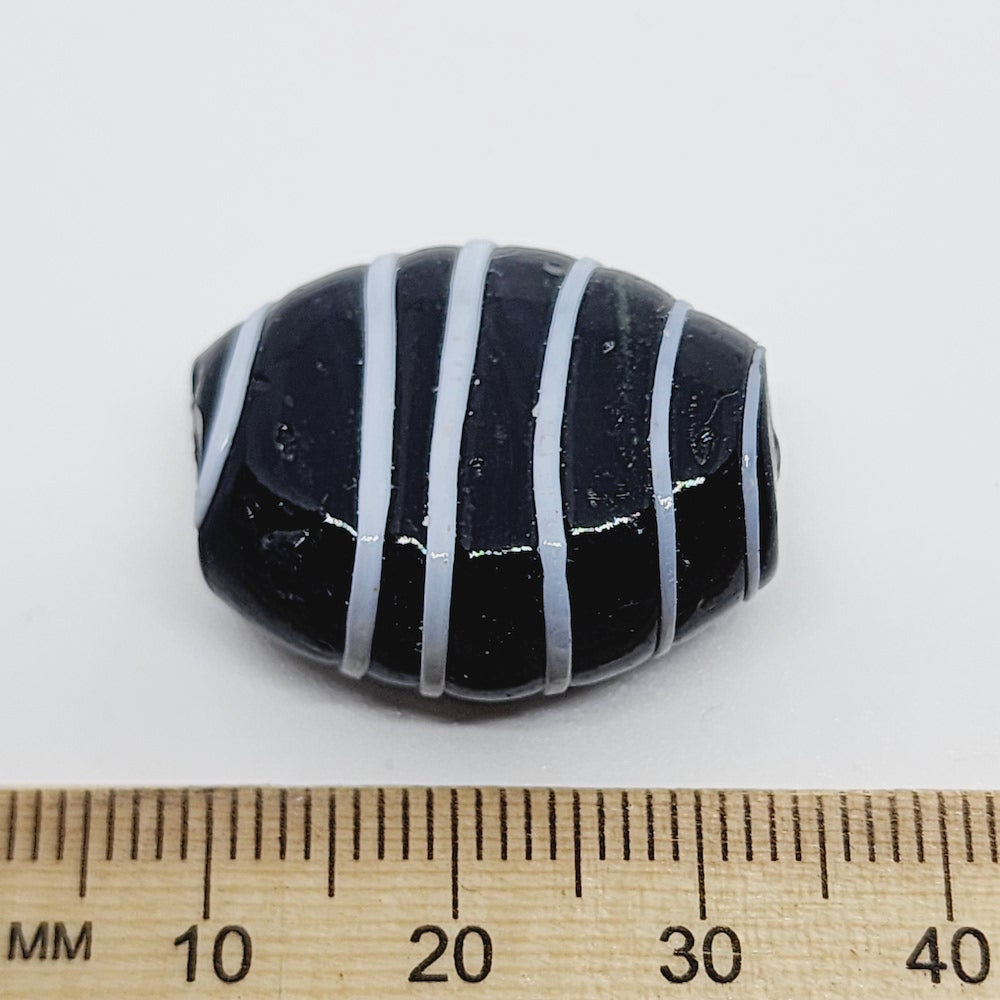 25mm Flat Oval (5) - Black w. White - Glass Vintage Replica Trade Beads