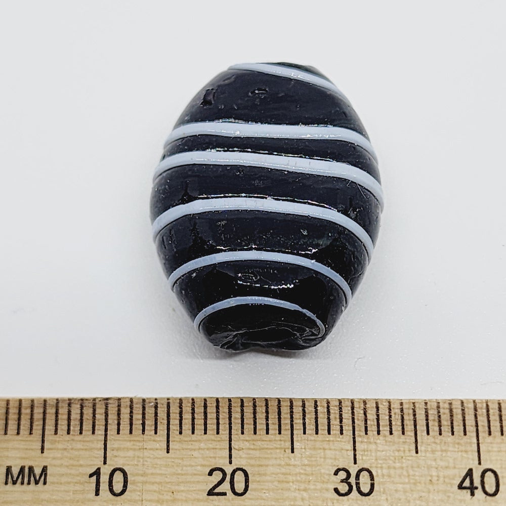 25mm Flat Oval (5) - Black w. White - Glass Vintage Replica Trade Beads