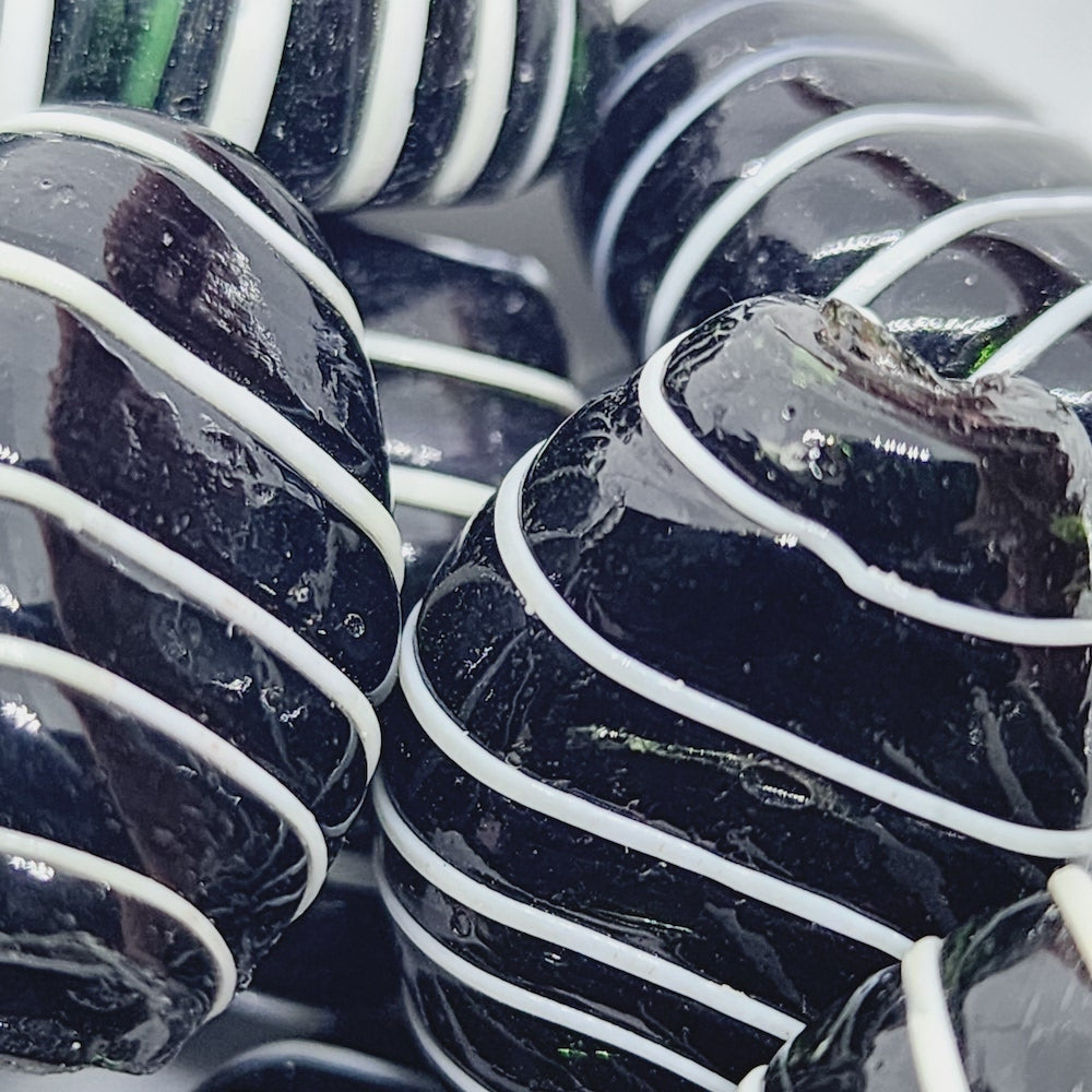 25mm Flat Oval (5) - Black w. White - Glass Vintage Replica Trade Beads