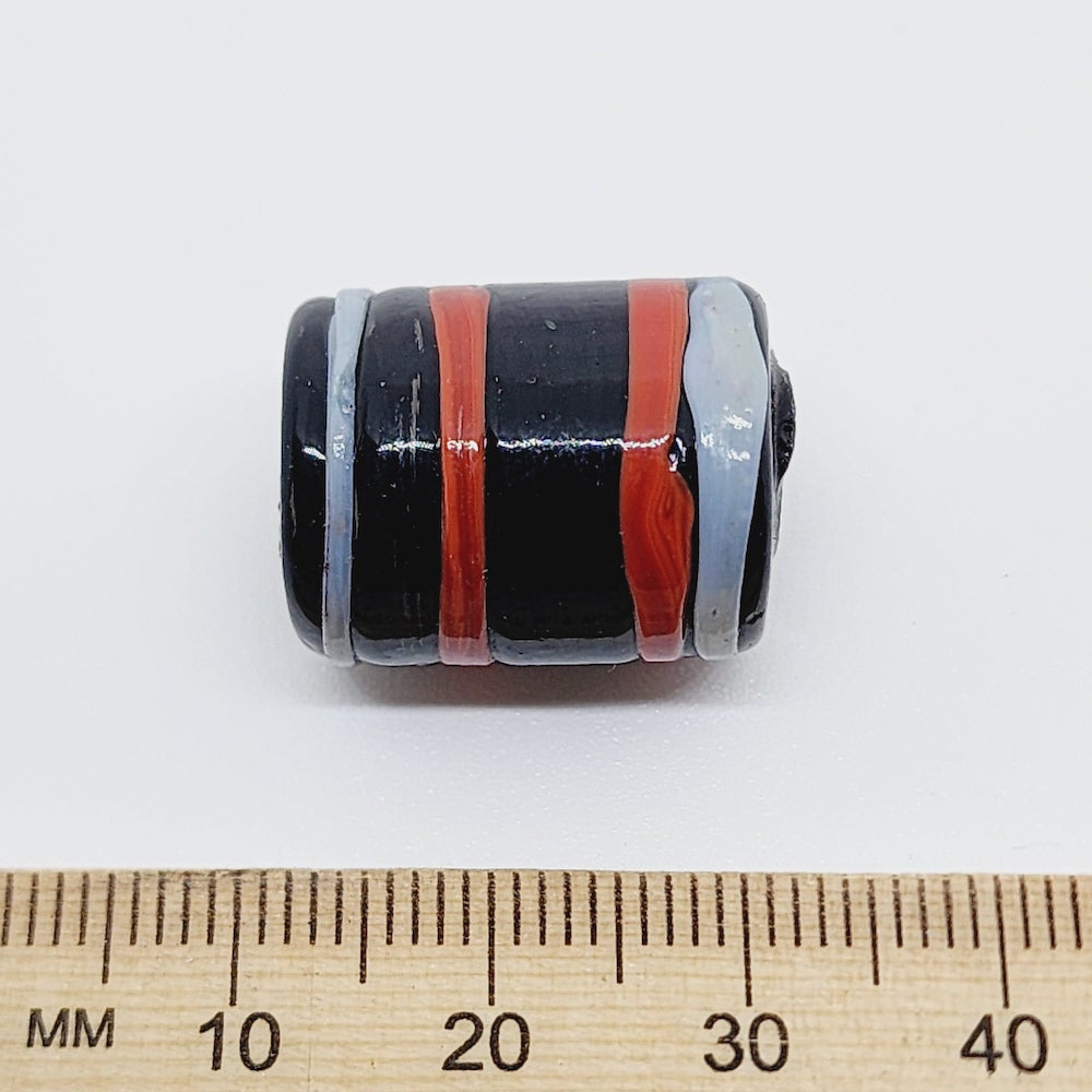 20mm Tube (5) - Black w. Red & White Trailed Lines - Glass Vintage Replica Trade Beads
