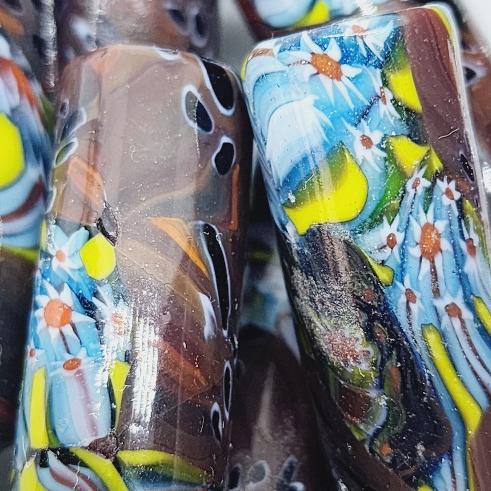 37mm Tube (5) - Brown w. Colours (Furnace-Wound) - Glass Vintage Replica Trade Beads