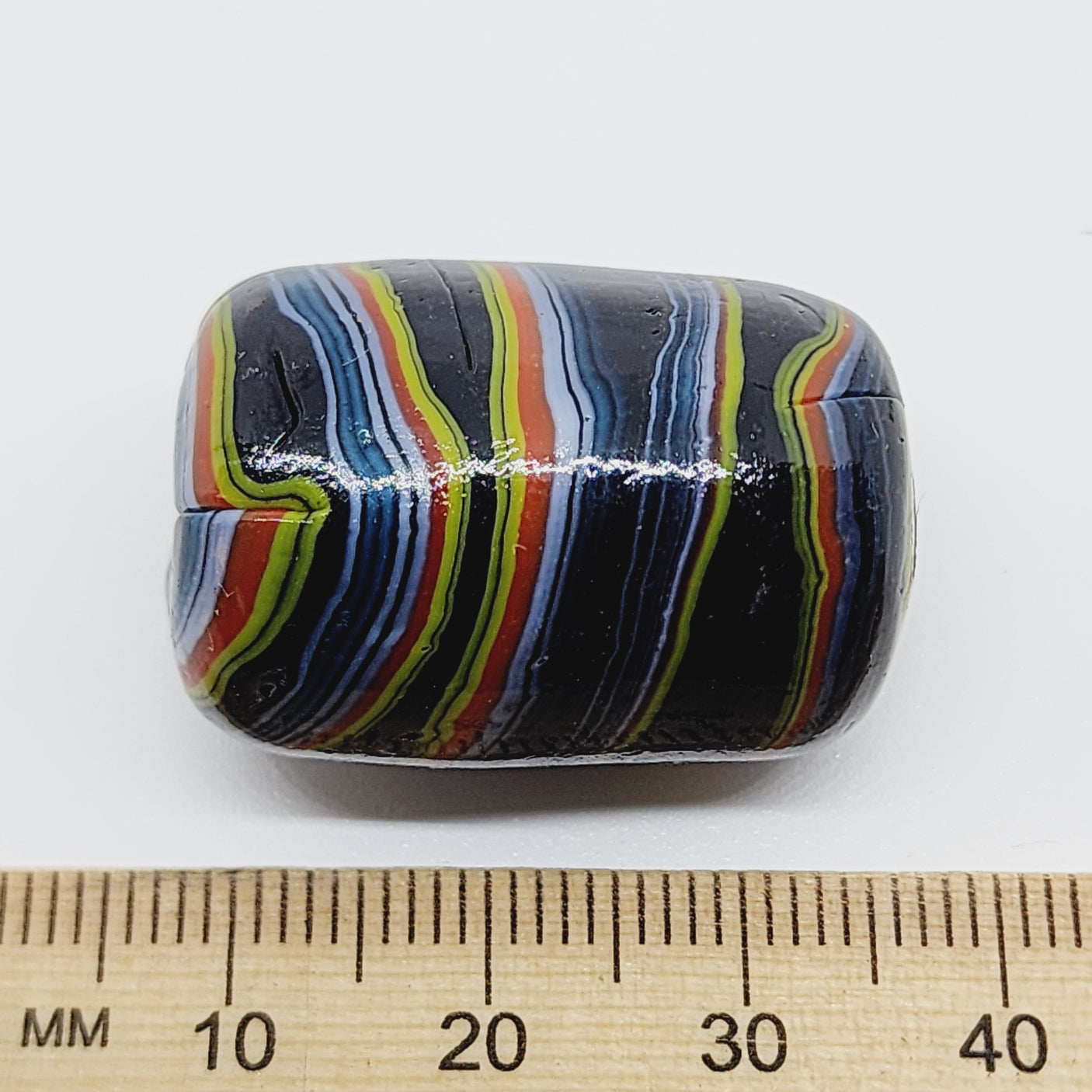 28mm Barrel (5) - Black w. Colours (Furnace-Wound) - Glass Vintage Replica Trade Beads