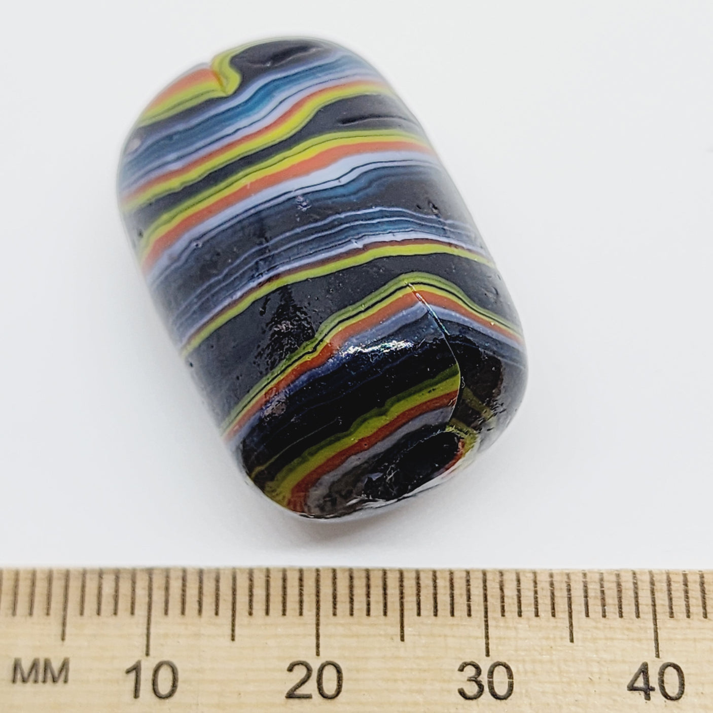 28mm Barrel (5) - Black w. Colours (Furnace-Wound) - Glass Vintage Replica Trade Beads