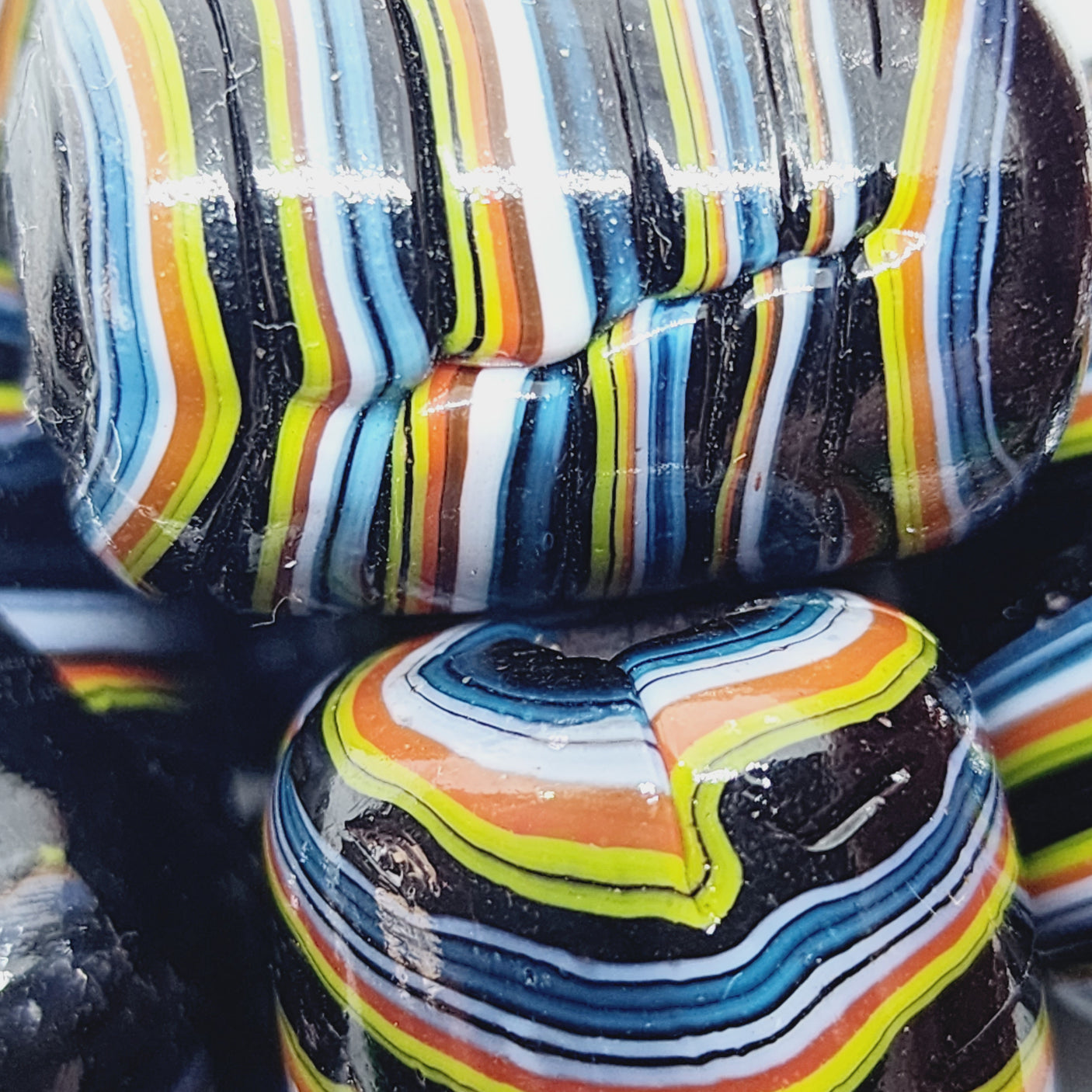 28mm Barrel (5) - Black w. Colours (Furnace-Wound) - Glass Vintage Replica Trade Beads