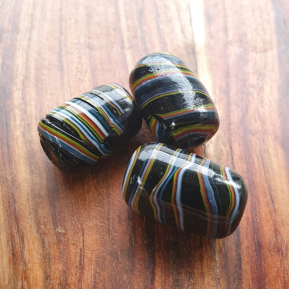 28mm Barrel (5) - Black w. Colours (Furnace-Wound) - Glass Vintage Replica Trade Beads