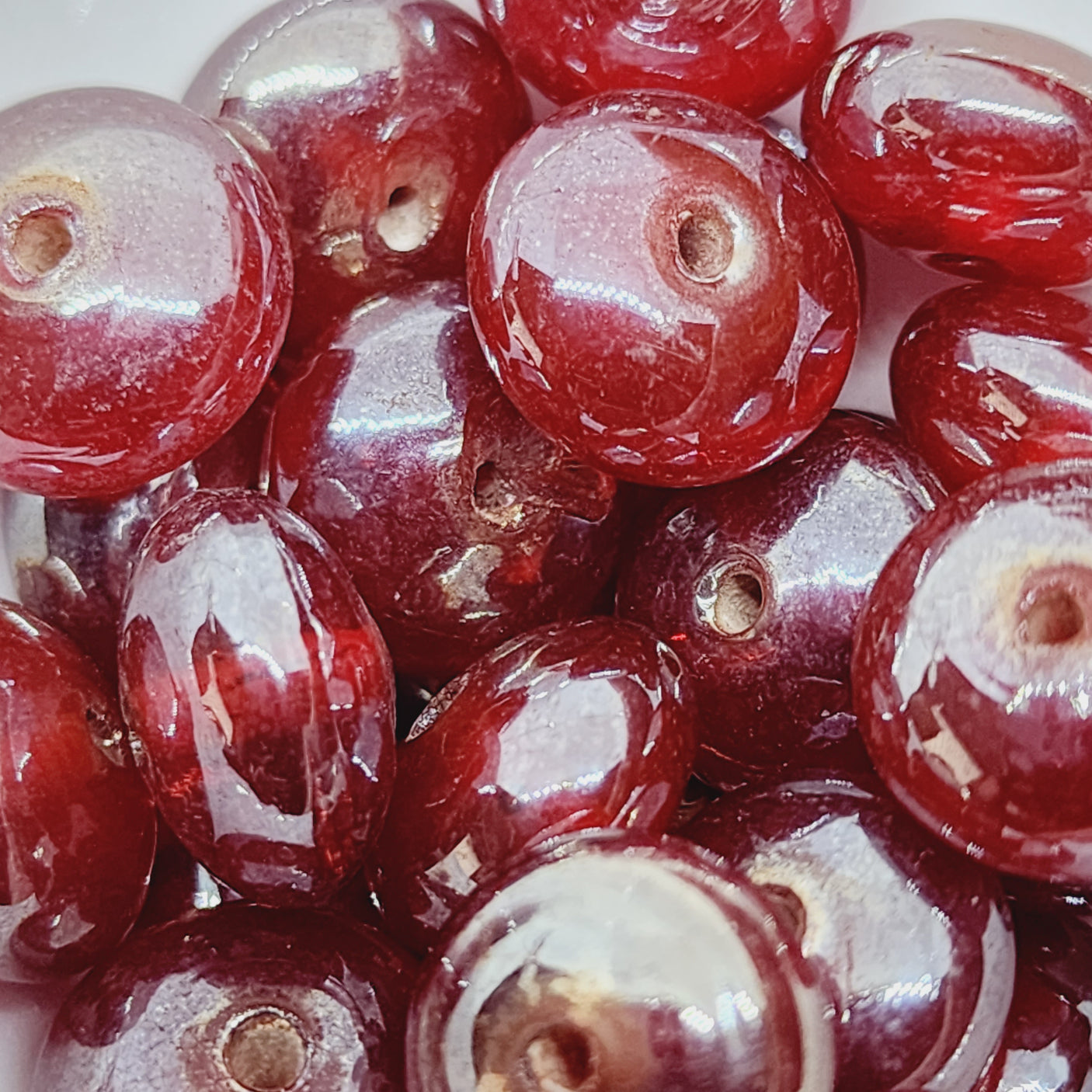8x14mm Rondelle (25) - Transparent Red Lustre - Indian Glass Vintage Beads