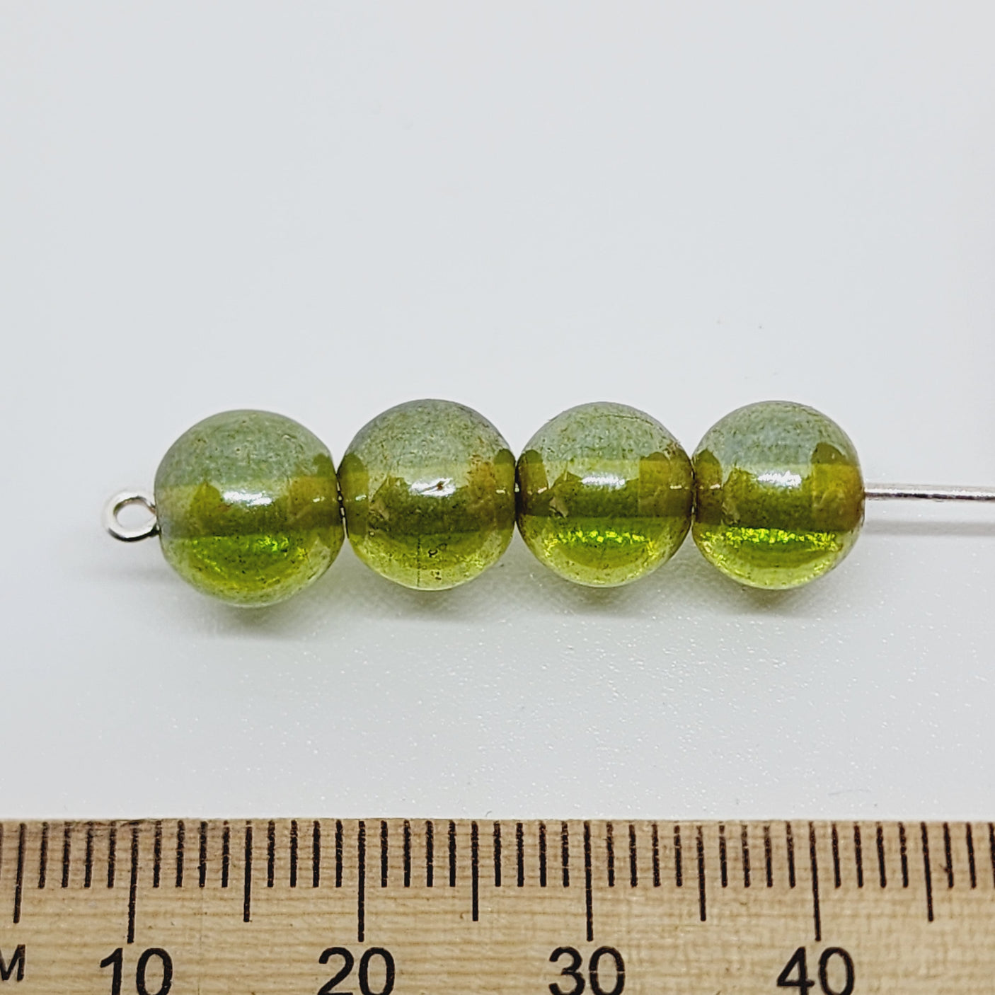 8mm Round (50) - Transparent Peridot Green w. Gunmetal Lustre - Indian Glass Vintage Beads