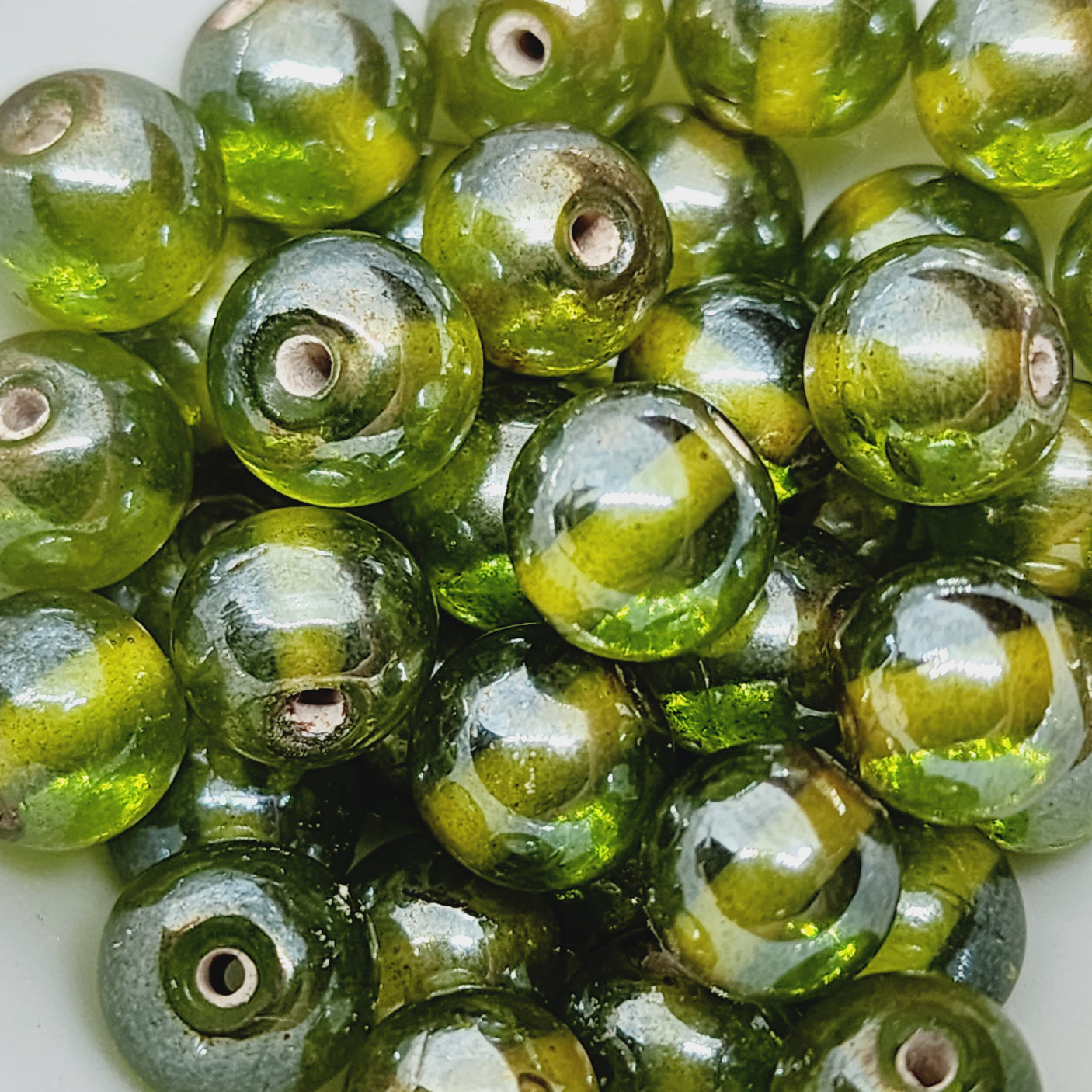 8mm Round (50) - Transparent Peridot Green w. Gunmetal Lustre - Indian Glass Vintage Beads