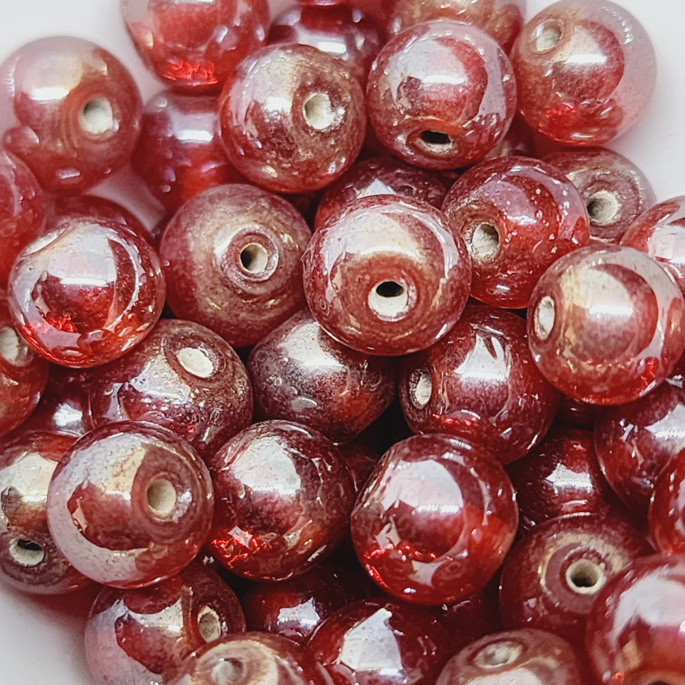 8mm Round (50) - Transparent Red Lustre - Indian Glass Vintage Beads