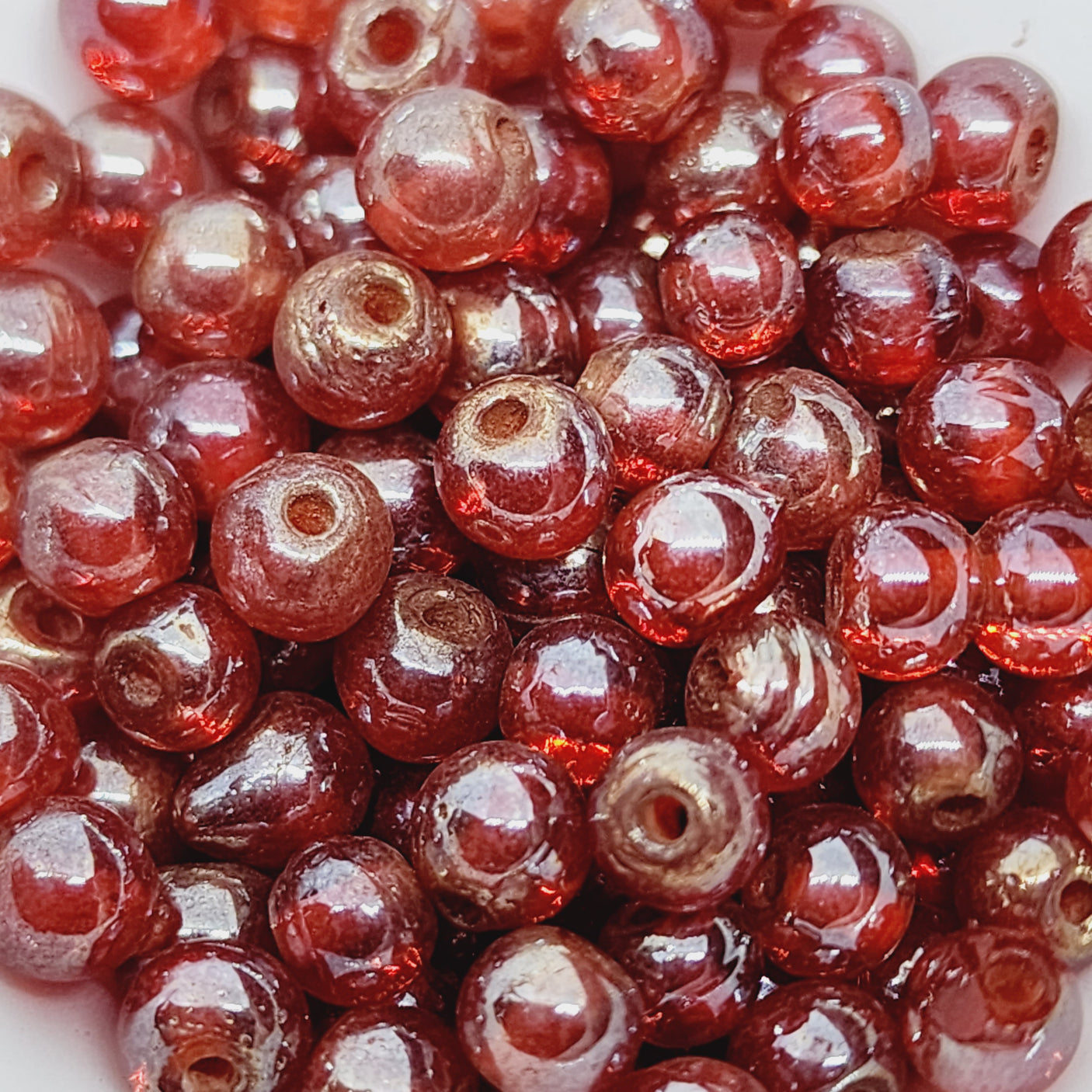 6mm Round (100) - Transparent Red Lustre - Indian Glass Vintage Beads
