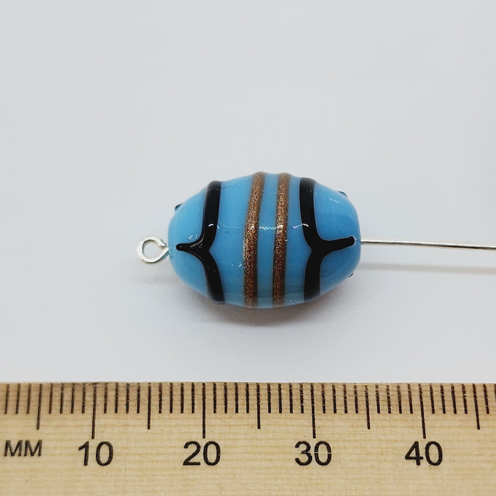 19x14mm Oval (10) - Light Blue w. Aventurine & Black - Glass Vintage Replica Trade Lampwork Beads
