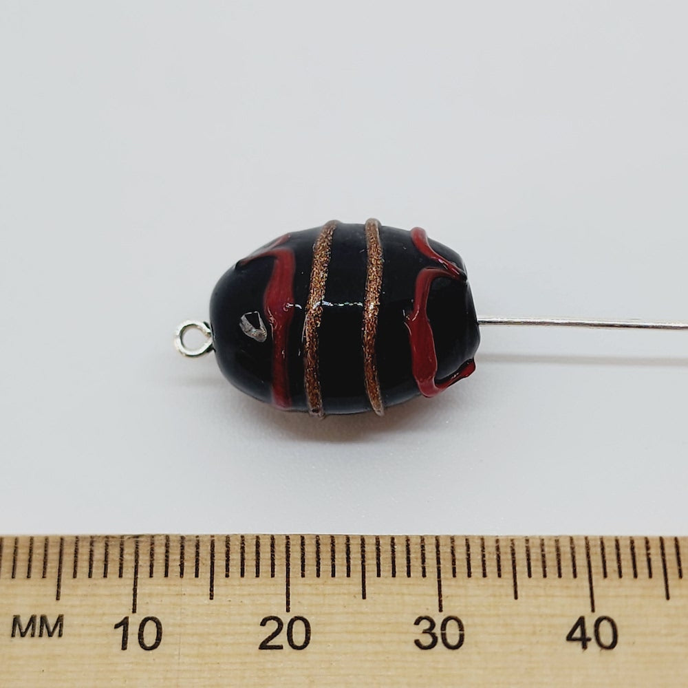 19x14mm Oval (10) - Black Opaque w. Aventurine & Red - Glass Vintage Replica Trade Lampwork Beads