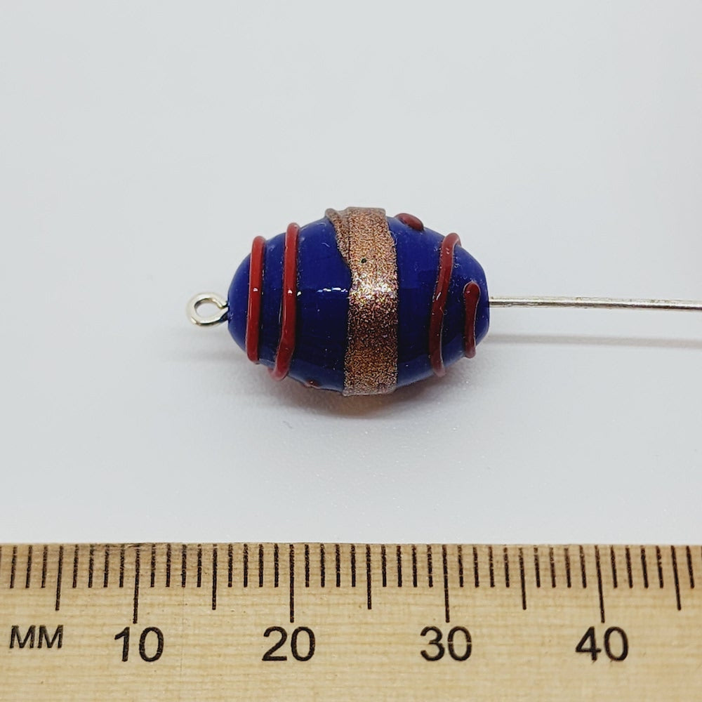 19x14mm Oval (10) - Blue Opaque w. Aventurine & Red - Glass Vintage Replica Trade Lampwork Beads