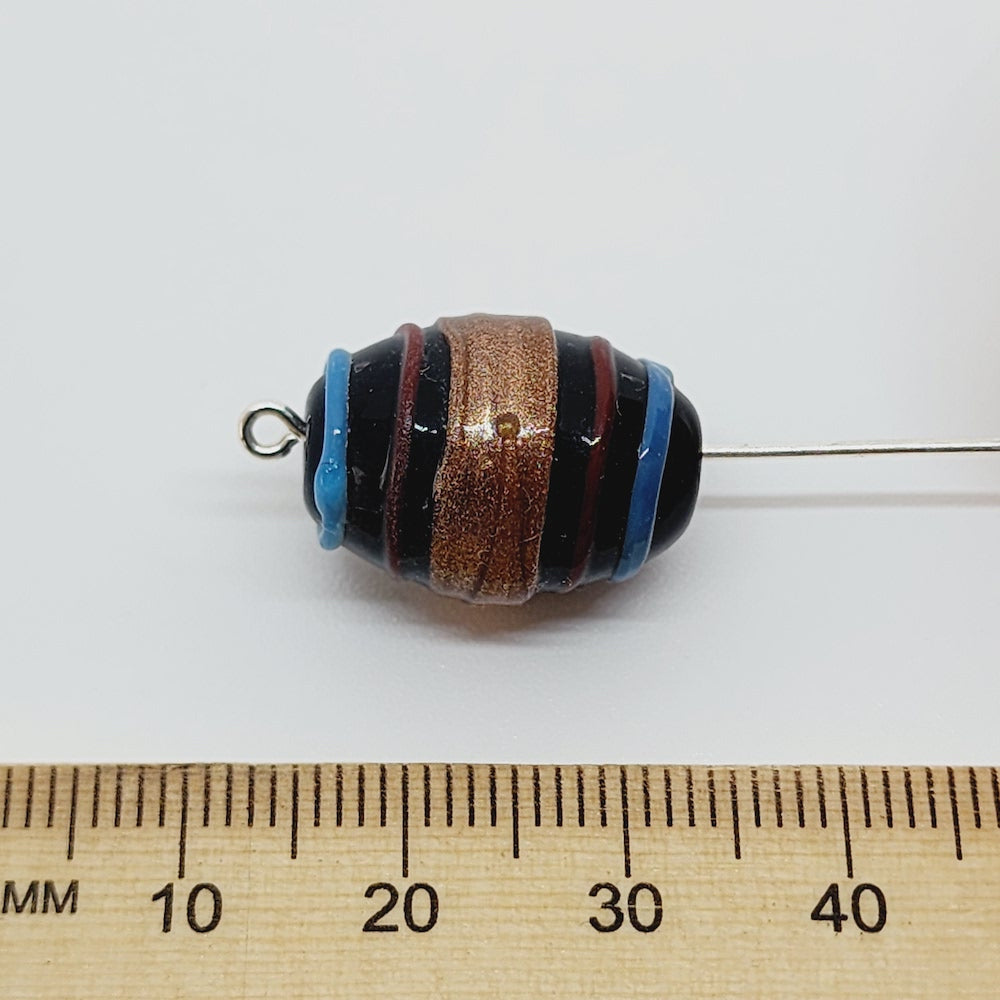 19x14mm Oval (10) - Black Opaque w. Aventurine, Red & Blue - Glass Vintage Replica Trade Lampwork Beads