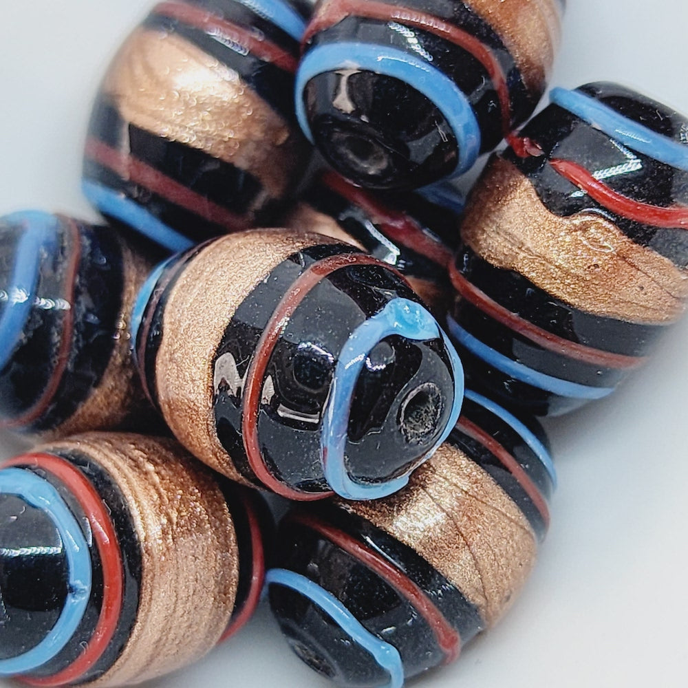 19x14mm Oval (10) - Black Opaque w. Aventurine, Red & Blue - Glass Vintage Replica Trade Lampwork Beads