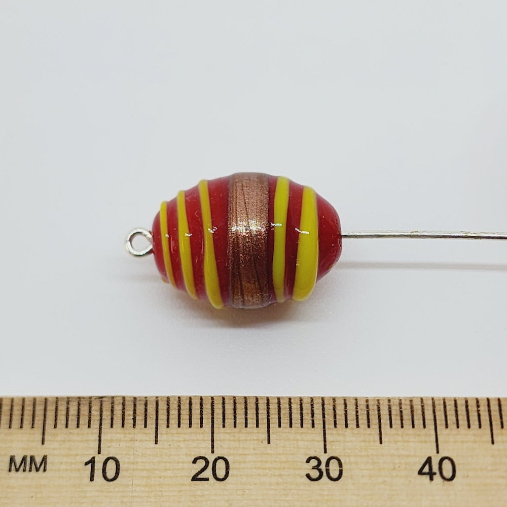 19x14mm Oval (10) - Red Opaque w. Aventurine & Yellow - Glass Vintage Replica Trade Lampwork Beads