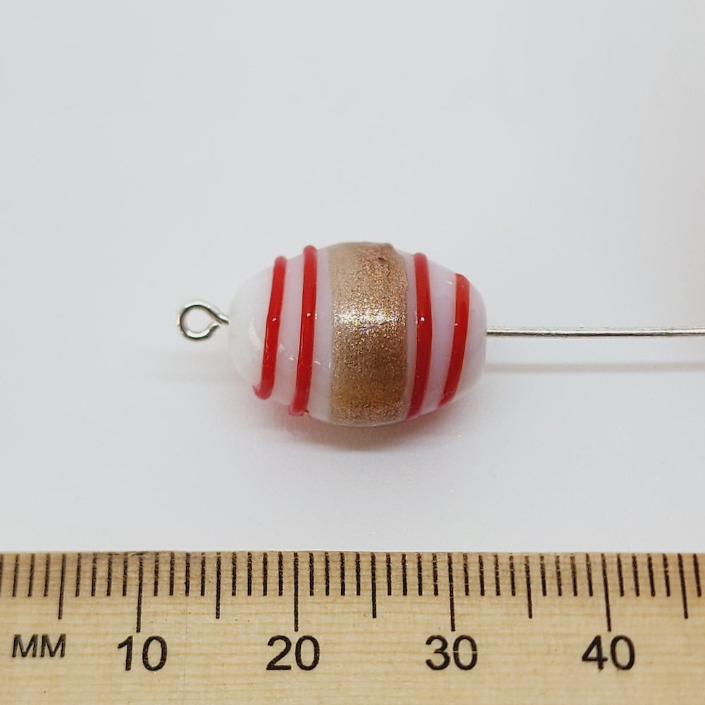 19x14mm Oval (10) - White Opaque w. Aventurine & Red - Glass Vintage Replica Trade Lampwork Beads
