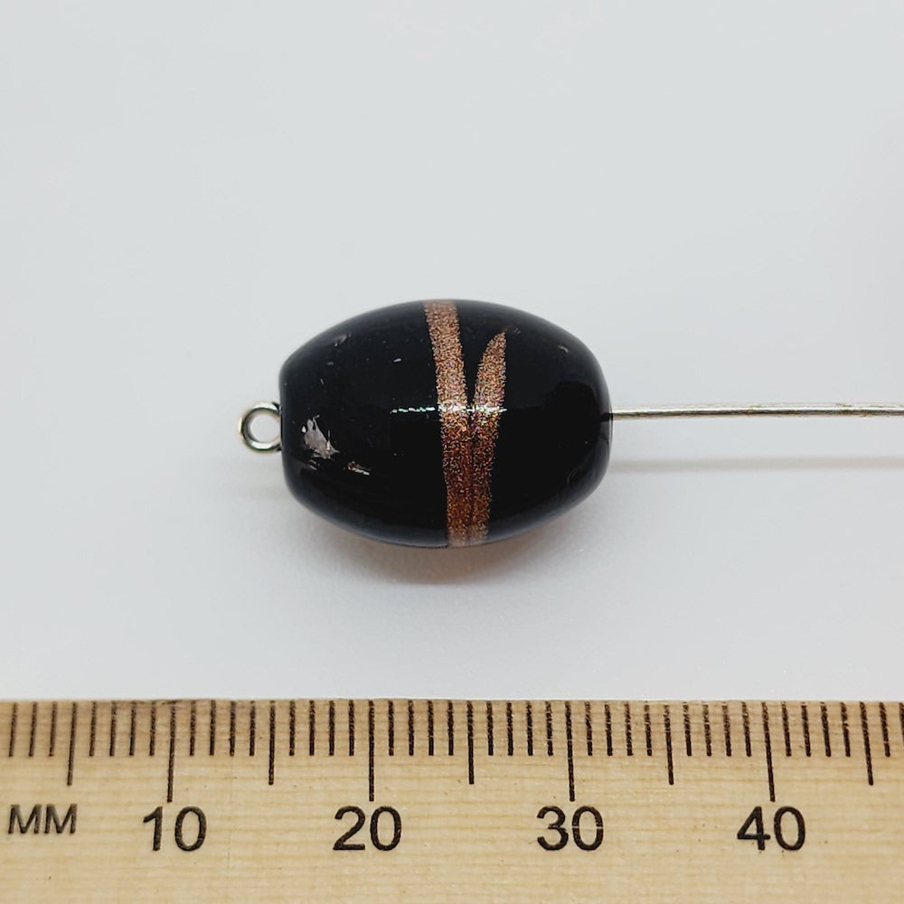 19x14mm Oval (10) - Black Opaque w. Aventurine - Glass Vintage Replica Trade Lampwork Beads