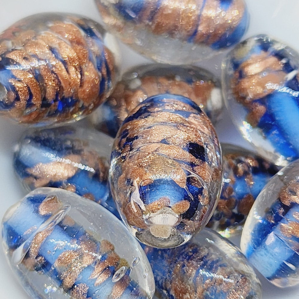 17x10mm Oval Lampwork Beads (10) - Clear w. Blue & Foil