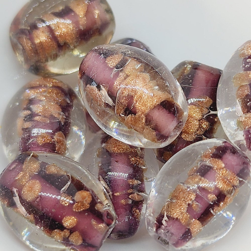 17x10mm Oval Lampwork Beads (10) - Clear w. Purple & Foil