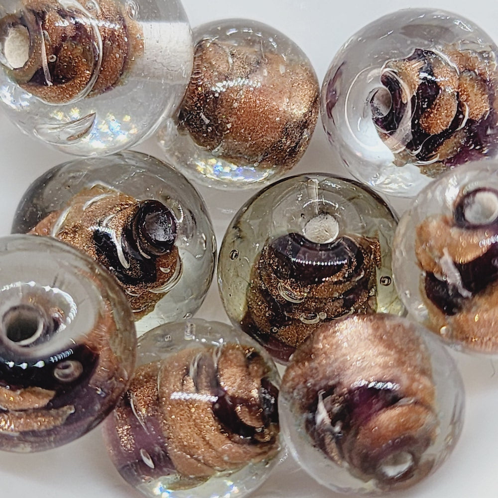 14mm Round (10) - Purple w. Aventurine - Vintage Handmade Glass Lampwork Beads