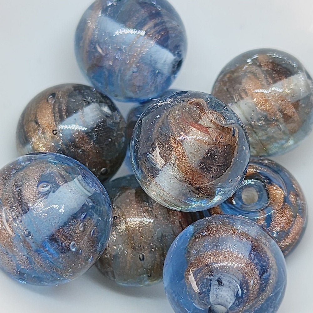 14mm Round (10) - Light Blue w. Aventurine - Vintage Handmade Glass Lampwork Beads