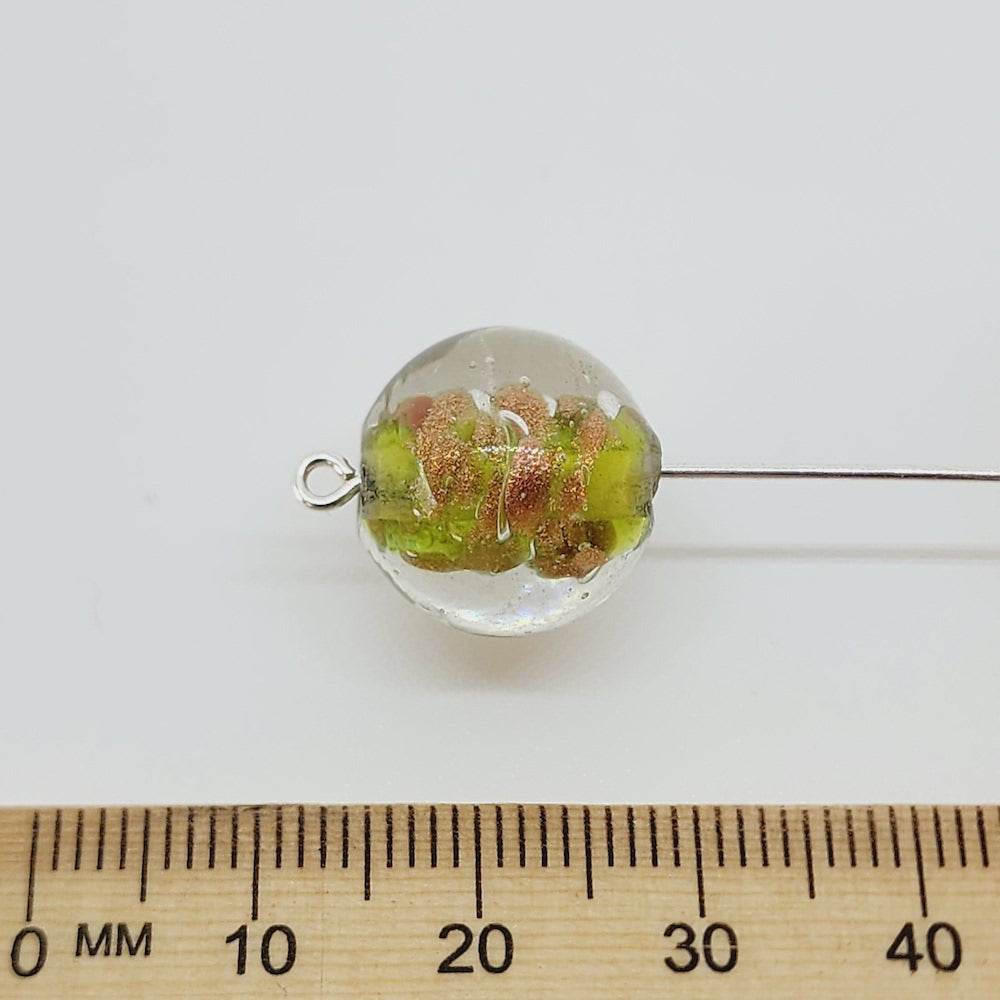 14mm Round (10) - Light Green w. Aventurine - Vintage Handmade Glass Lampwork Beads - Bead Shack