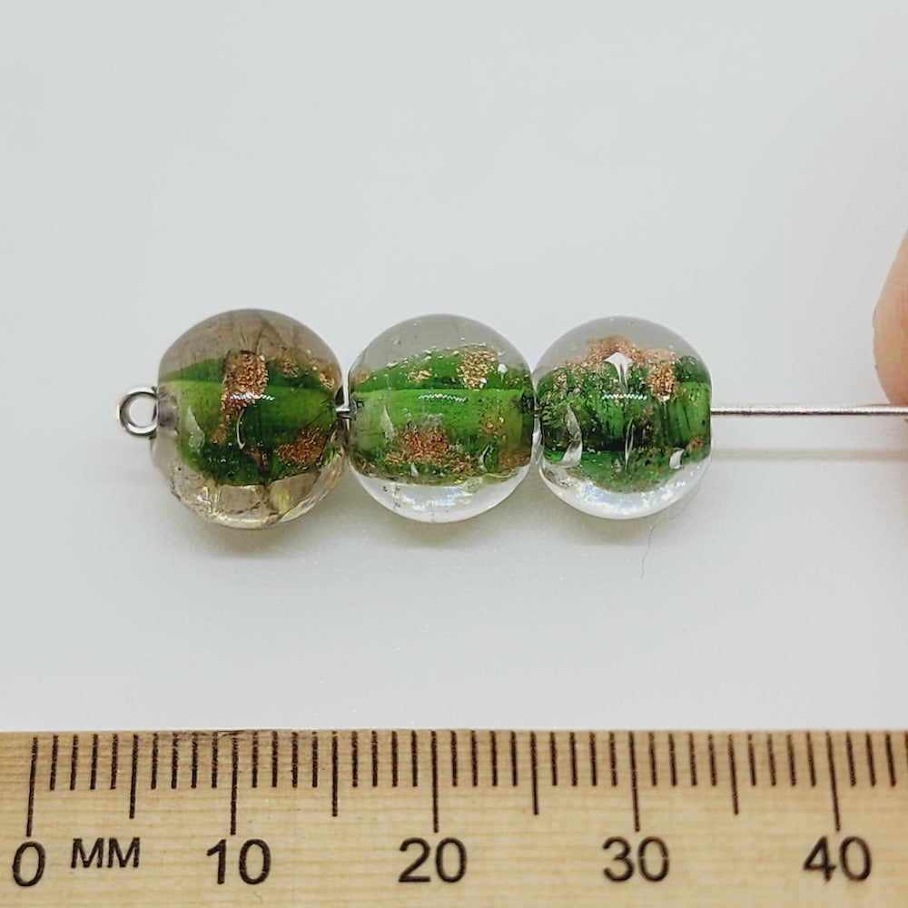 10mm Round (10) - Green w. Aventurine - Vintage Handmade Glass Lampwork Beads - Bead Shack